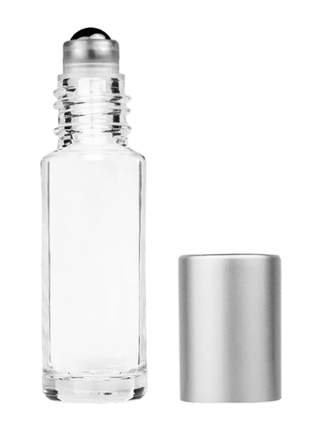 Cylinder design 5.5ml, 1/6oz Clear glass bottle with metal roller ball plug and matte silver cap.