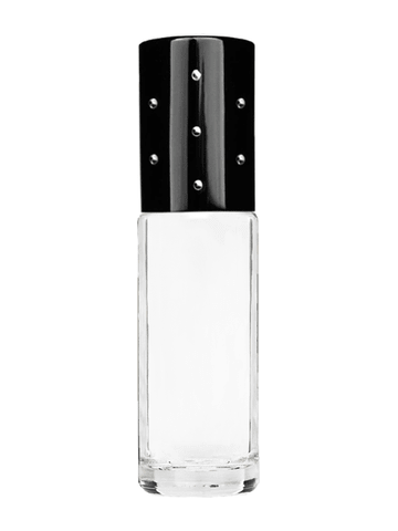 Cylinder design 5.5ml, 1/6oz Clear glass bottle with plastic roller ball plug and black shiny cap with dots.