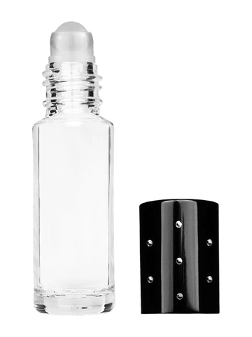 Cylinder design 5.5ml, 1/6oz Clear glass bottle with plastic roller ball plug and black shiny cap with dots.