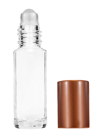 Cylinder design 5.5ml, 1/6oz Clear glass bottle with plastic roller ball plug and matte copper cap.