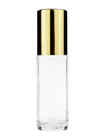 Cylinder design 5.5ml, 1/6oz Clear glass bottle with plastic roller ball plug and shiny gold cap.