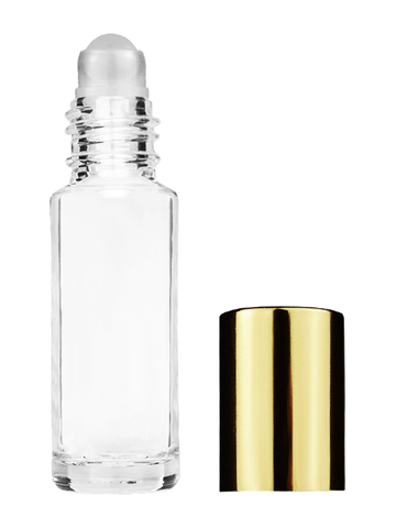 Cylinder design 5.5ml, 1/6oz Clear glass bottle with plastic roller ball plug and shiny gold cap.