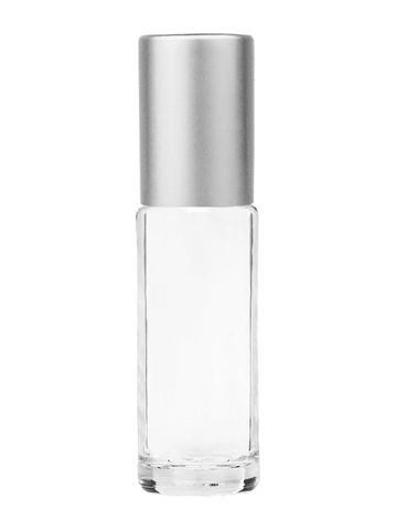 Cylinder design 5.5ml, 1/6oz Clear glass bottle with plastic roller ball plug and matte silver cap.