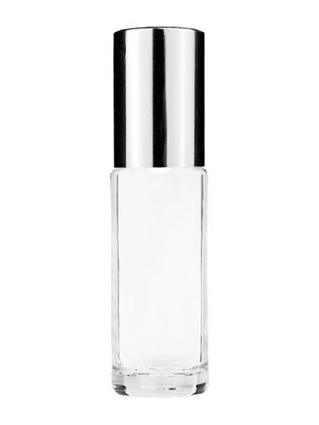 Cylinder design 5.5ml, 1/6oz Clear glass bottle with plastic roller ball plug and shiny silver cap.