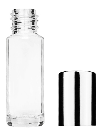 Cylinder design 5.5ml, 1/6oz Clear glass bottle with shiny silver cap.