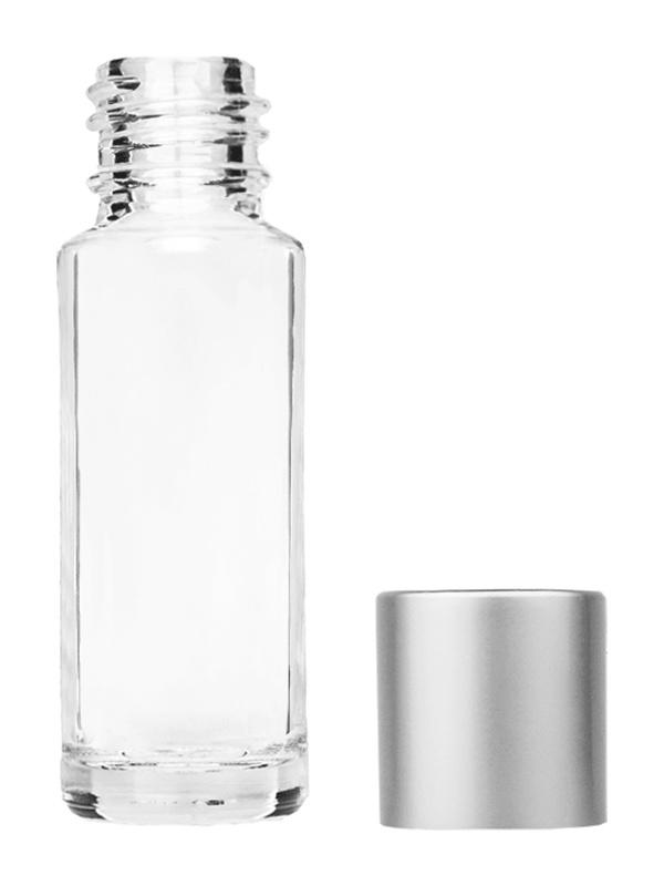 Empty Clear glass bottle with short matte silver cap capacity: 5.5ml, 1/6oz. For use with perfume or fragrance oil, essential oils, aromatic oils and aromatherapy.