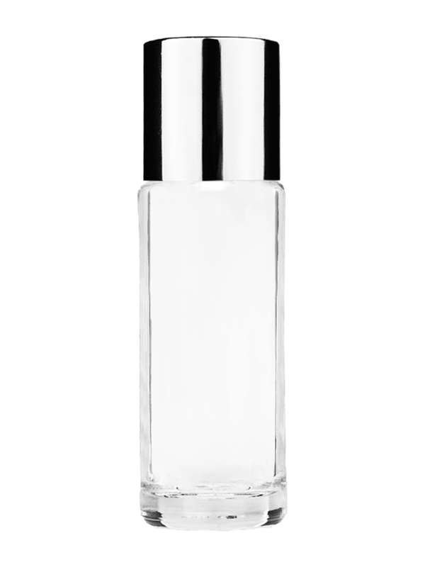 Empty Clear glass bottle with short shiny silver cap capacity: 5.5ml, 1/6oz. For use with perfume or fragrance oil, essential oils, aromatic oils and aromatherapy.