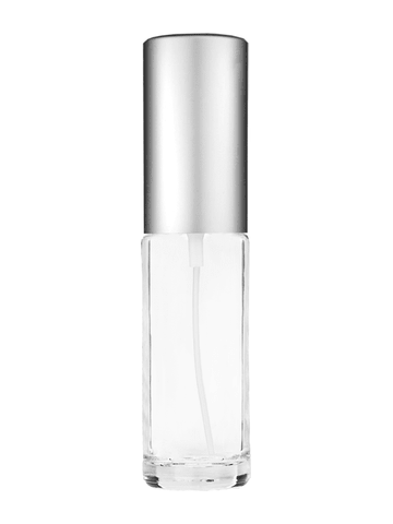 Cylinder design 5.5ml, 1/6oz Clear glass bottle with matte silver spray.