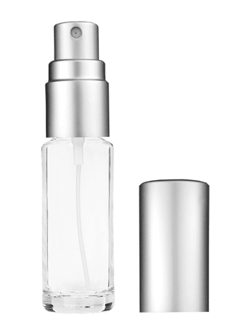 Cylinder design 5.5ml, 1/6oz Clear glass bottle with matte silver spray.