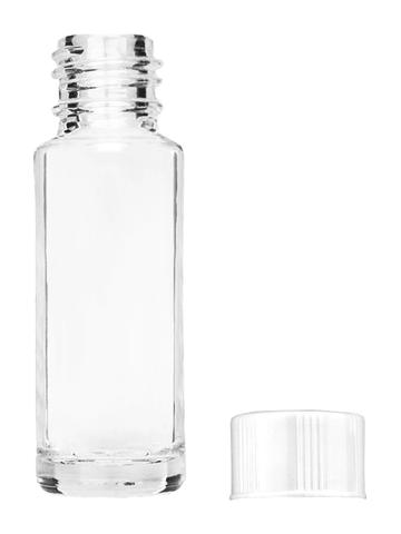 Cylinder design 5.5ml, 1/6oz Clear glass bottle with short white cap.