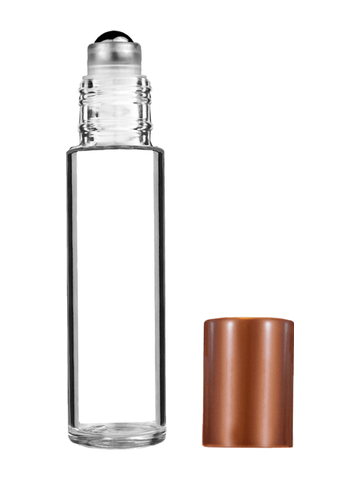 Cylinder design 9ml,1/3 oz clear glass bottle with metal roller ball plug and matte copper cap.