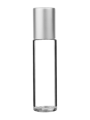 Cylinder design 9ml,1/3 oz clear glass bottle with metal roller ball plug and matte silver cap.