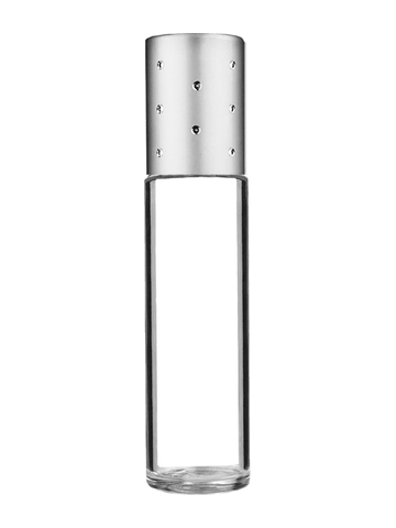 Cylinder design 9ml,1/3 oz clear glass bottle with metal roller ball plug and silver dot cap.