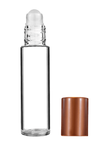 Cylinder design 9ml,1/3 oz clear glass bottle with plastic roller ball plug and matte copper cap.