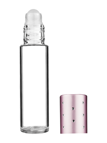 Cylinder design 9ml,1/3 oz clear glass bottle with plastic roller ball plug and pink dot cap.