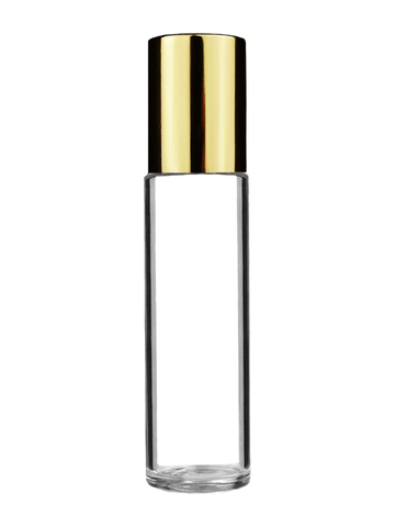 Cylinder design 9ml,1/3 oz clear glass bottle with plastic roller ball plug and shiny gold cap.