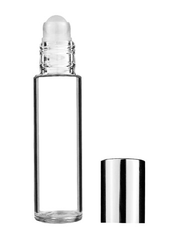 Cylinder design 9ml,1/3 oz clear glass bottle with plastic roller ball plug and shiny silver cap.