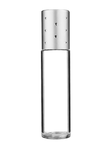 Cylinder design 9ml,1/3 oz clear glass bottle with plastic roller ball plug and silver dot cap.