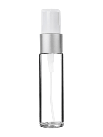 Cylinder design 9ml,1/3 oz clear glass bottle with fine mist sprayer with matte silver trim and plastic overcap.