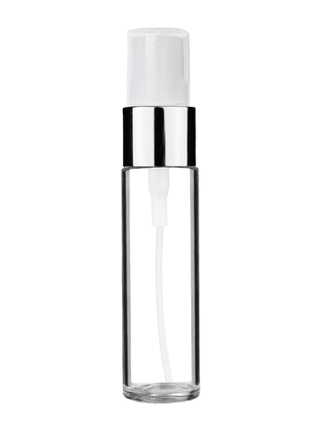 Cylinder design 9ml,1/3 oz clear glass bottle with fine mist sprayer with shiny silver trim and plastic overcap.