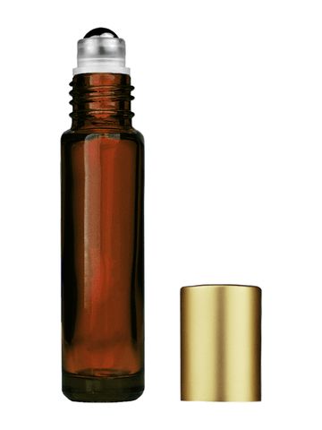 Cylinder design 9ml,1/3 oz amber glass bottle with metal roller ball plug and matte gold cap.