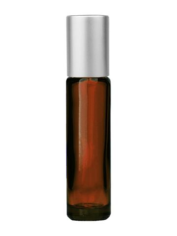 Cylinder design 9ml,1/3 oz amber glass bottle with metal roller ball plug and matte silver cap.