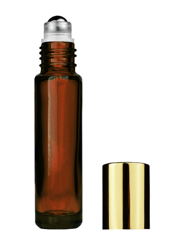 Cylinder design 9ml,1/3 oz amber glass bottle with metal roller ball plug and shiny gold cap.