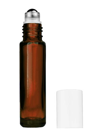 Cylinder design 9ml,1/3 oz amber glass bottle with metal roller ball plug and white cap.