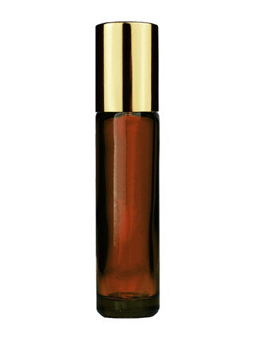 Cylinder design 9ml,1/3 oz amber glass bottle with plastic roller ball plug and shiny gold cap.