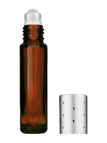 Cylinder design 9ml,1/3 oz amber glass bottle with plastic roller ball plug and silver dot cap.