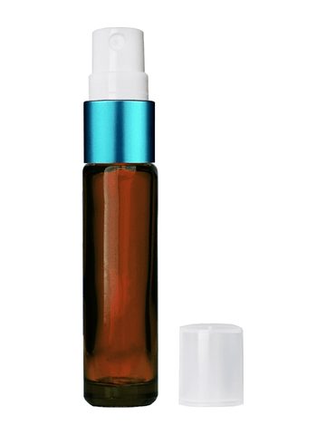 Cylinder design 9ml,1/3 oz amber glass bottle with fine mist sprayer with turquoise trim and plastic overcap.