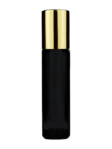 Cylinder design 9ml,1/3 oz black glass bottle with metal roller ball plug and shiny gold cap.