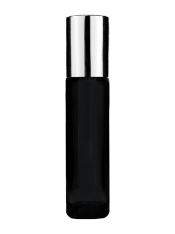 Cylinder design 9ml,1/3 oz black glass bottle with metal roller ball plug and shiny silver cap.