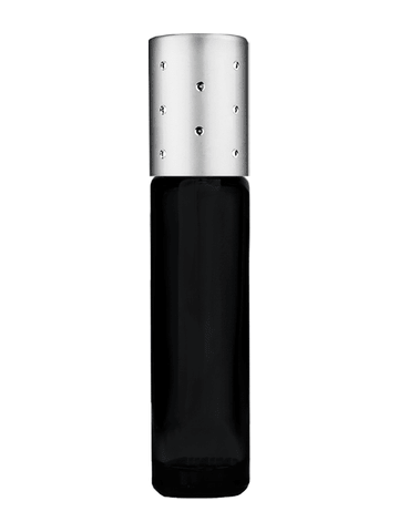 Cylinder design 9ml,1/3 oz black glass bottle with metal roller ball plug and silver dot cap.