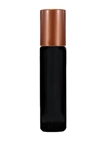 Cylinder design 9ml,1/3 oz black glass bottle with plastic roller ball plug and matte copper cap.