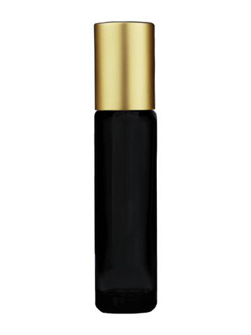 Cylinder design 9ml,1/3 oz black glass bottle with plastic roller ball plug and matte gold cap.