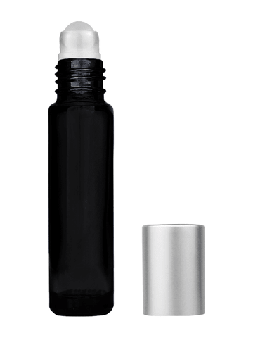 Cylinder design 9ml,1/3 oz black glass bottle with plastic roller ball plug and matte silver cap.