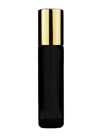 Cylinder design 9ml,1/3 oz black glass bottle with plastic roller ball plug and shiny gold cap.