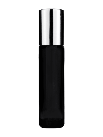 Cylinder design 9ml,1/3 oz black glass bottle with plastic roller ball plug and shiny silver cap.