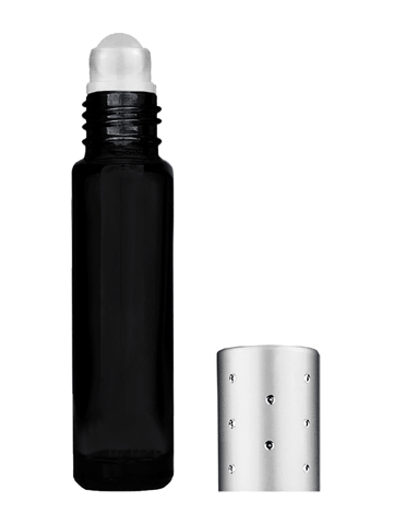 Cylinder design 9ml,1/3 oz black glass bottle with plastic roller ball plug and silver dot cap.