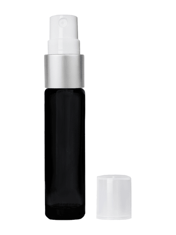 Cylinder design 9ml,1/3 oz black glass bottle with fine mist sprayer with matte silver trim and plastic overcap.