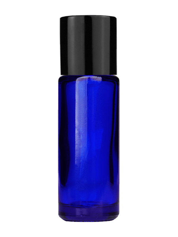 Empty Blue glass bottle with short shiny black cap capacity: 5ml, 1/6oz. For use with perfume or fragrance oil, essential oils, aromatic oils and aromatherapy.