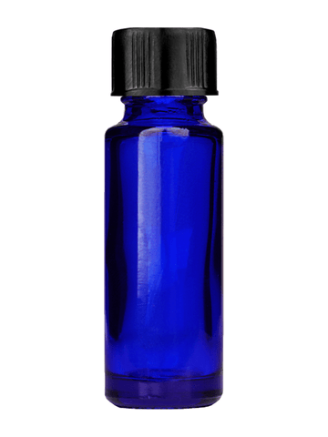 Cylinder design 5ml, 1/6oz Blue glass bottle with short black ridged cap.