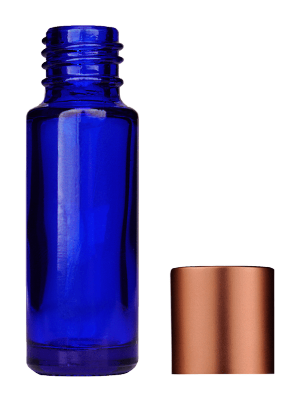 Empty Blue glass bottle with short matte copper cap capacity: 5ml, 1/6oz. For use with perfume or fragrance oil, essential oils, aromatic oils and aromatherapy.