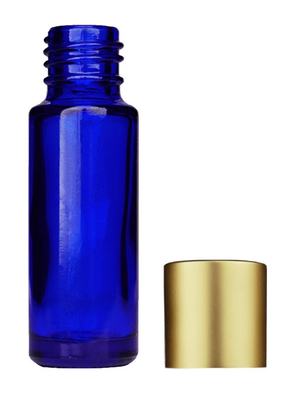 Empty Blue glass bottle with short matte gold cap capacity: 5ml, 1/6oz. For use with perfume or fragrance oil, essential oils, aromatic oils and aromatherapy.