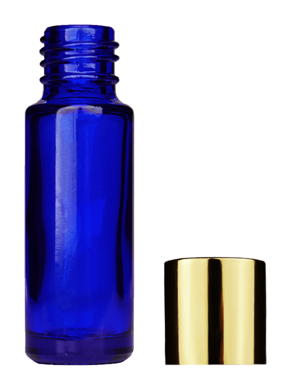 Empty Blue glass bottle with short shiny gold cap capacity: 5ml, 1/6oz. For use with perfume or fragrance oil, essential oils, aromatic oils and aromatherapy.