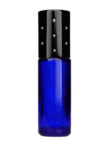 Cylinder design 5ml, 1/6oz Blue glass bottle with metal roller ball plug and black shiny cap with dots.