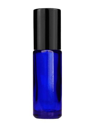 Cylinder design 5ml, 1/6oz Blue glass bottle with metal roller ball plug and black shiny cap.