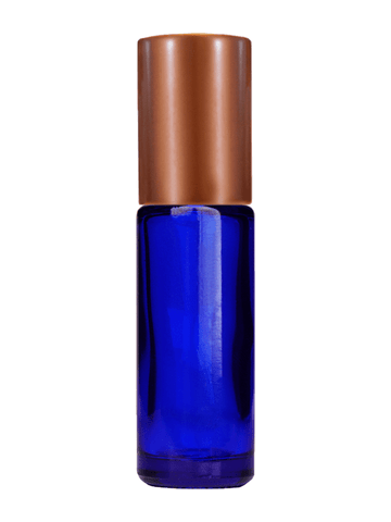 Cylinder design 5ml, 1/6oz Blue glass bottle with metal roller ball plug and matte copper cap.