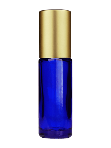 Cylinder design 5ml, 1/6oz Blue glass bottle with metal roller ball plug and matte gold cap.